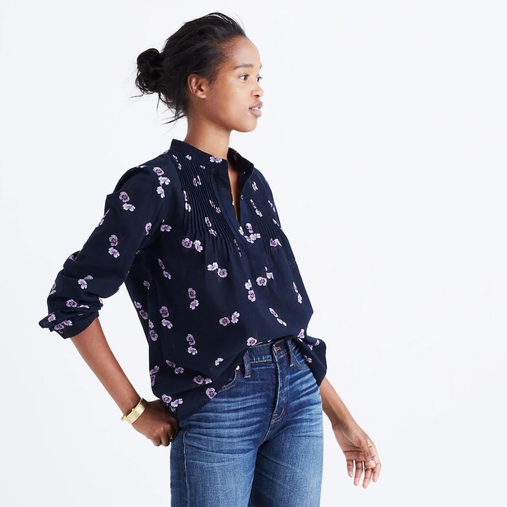 Madewell Pintuck Popover‎ Shirt in Pansy Bouquet Size XS